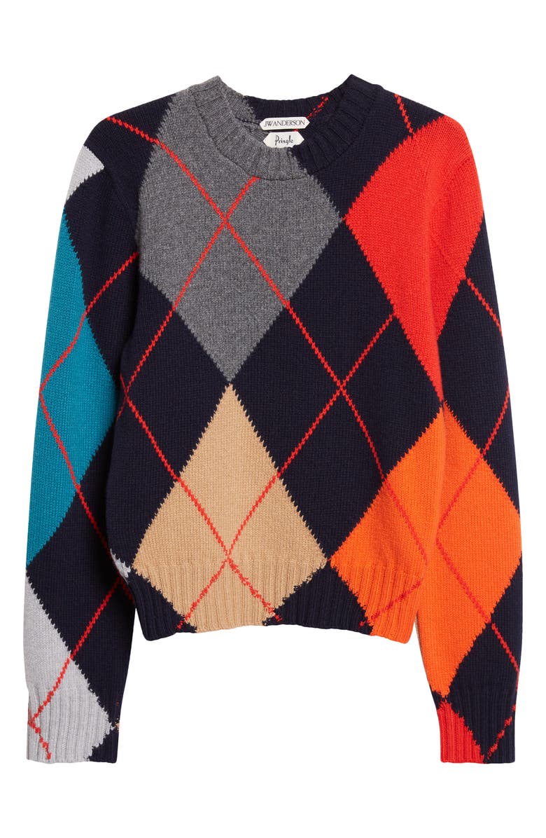 JW Anderson x Pringle of Scotland Argyle Wool Crewneck Sweater, Main, color, Navy