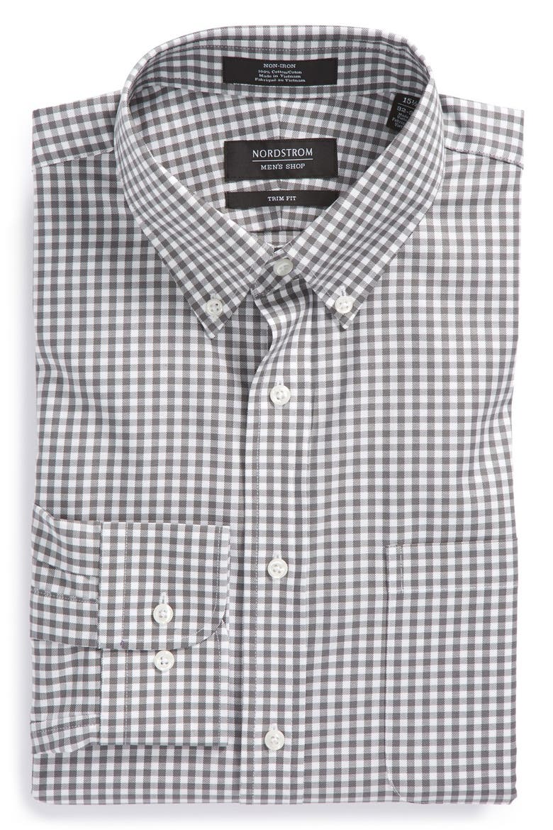Trim Fit Non-Iron Gingham Dress Shirt, Alternate, color, GREY- CASTLEROCK