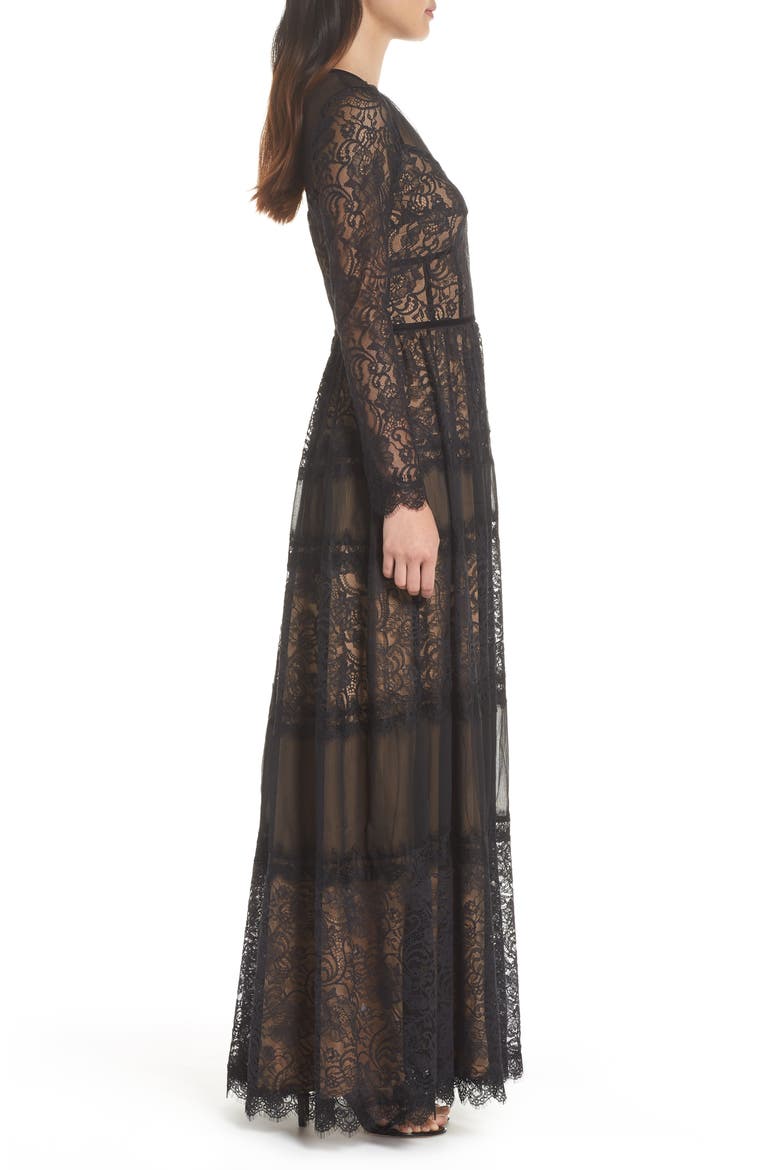 Long Sleeve Lace Gown, Alternate, color, BLACK/ NUDE