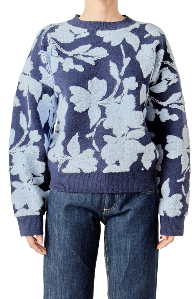 English Factory Fuzzy Flower Sweater, Alternate, color, Navy/ Powder Blue