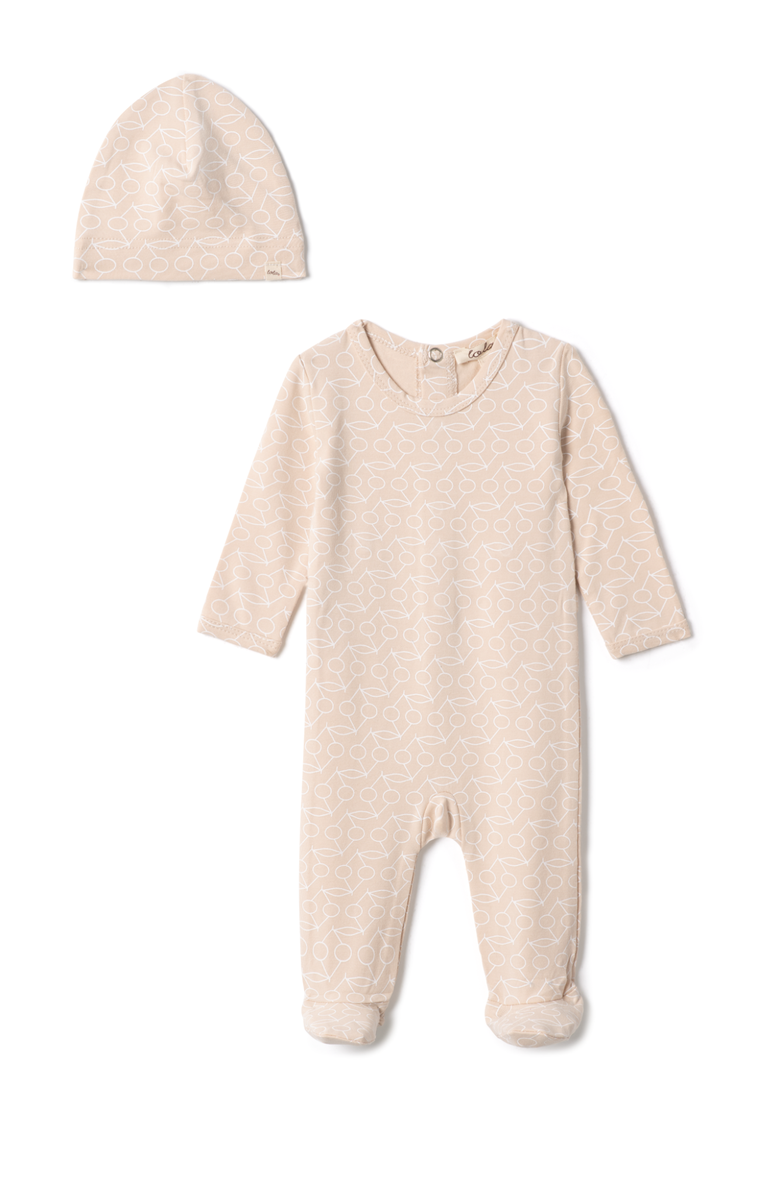LOLA Cherry Print Rib Romper with Hat, Main, color, Linen