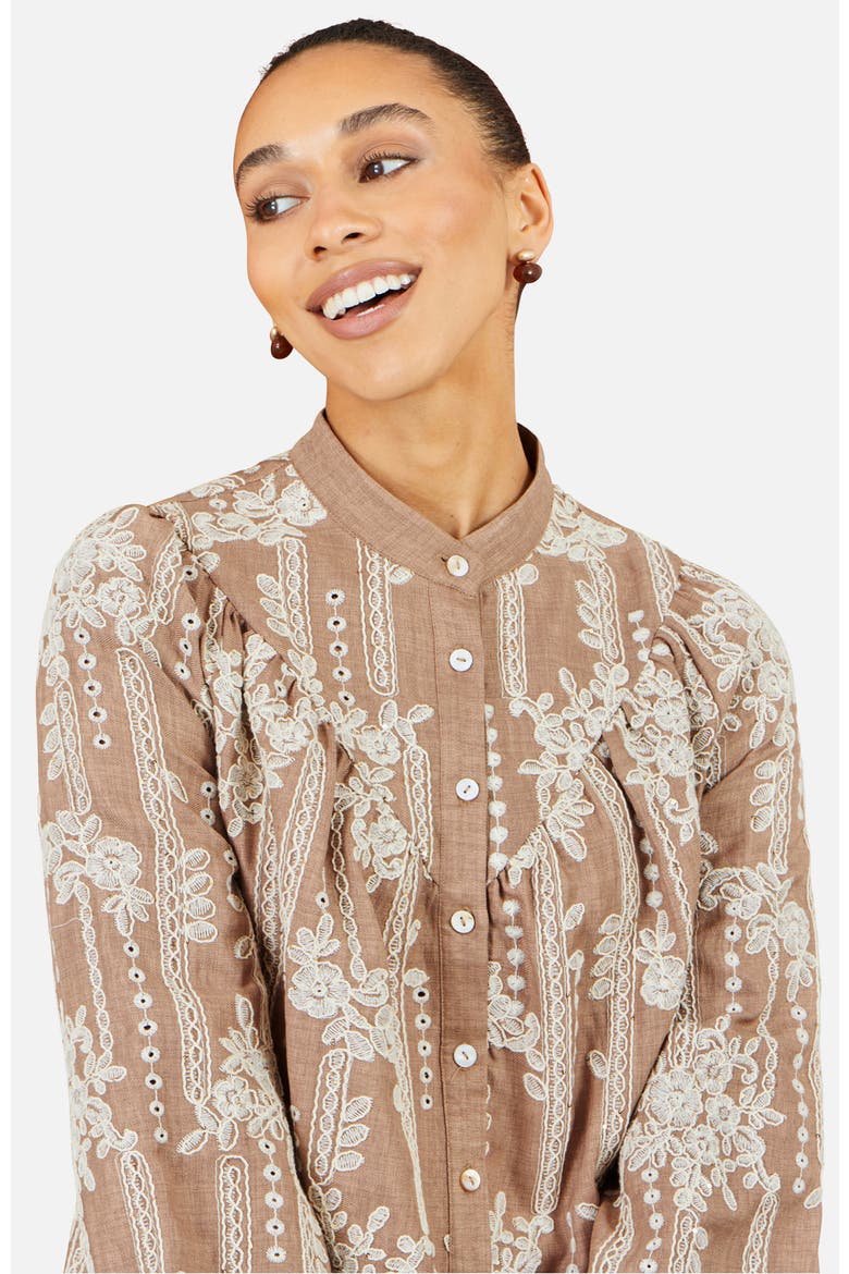 Embroidered Floral Relaxed Shirt, Alternate, color, Brown