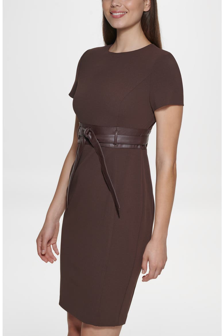 Faux Leather Tie Waist Sheath Dress, Alternate, color, COFFEE BEAN
