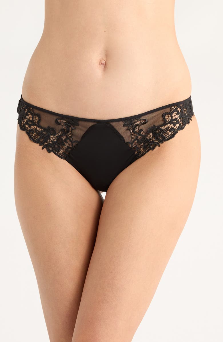 Simone Perele Saga Lace Trim Thong, Main, color, Black/Blk