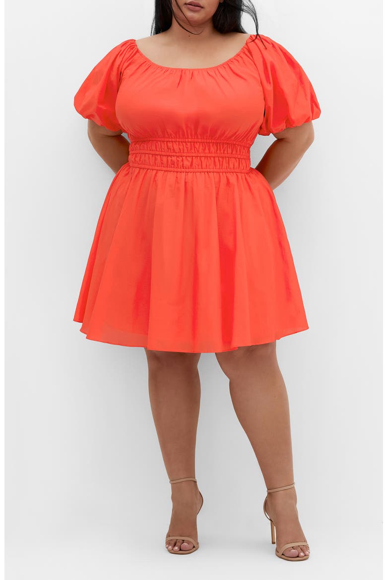 Lillian Puff Sleeve Cotton Fit & Flare Dress, Main, color, SUNSET CORAL