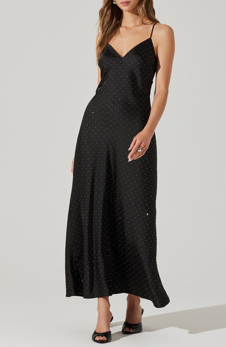 ASTR the Label Bonney Rhinestone Embelished Satin Maxi Dress, Alternate, color, Black