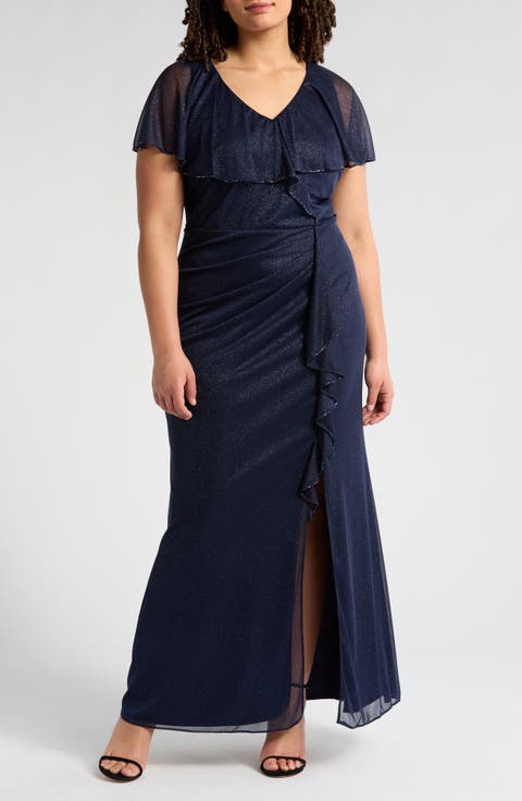 Beaded Shimmer Capelet Gown (Plus)