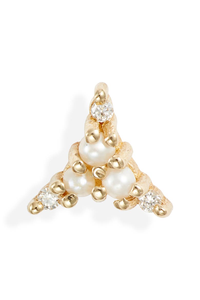 Pearl & Diamond Triad Stud Earring, Main, color, YELLOW GOLD/ DIAMOND/ PEARL