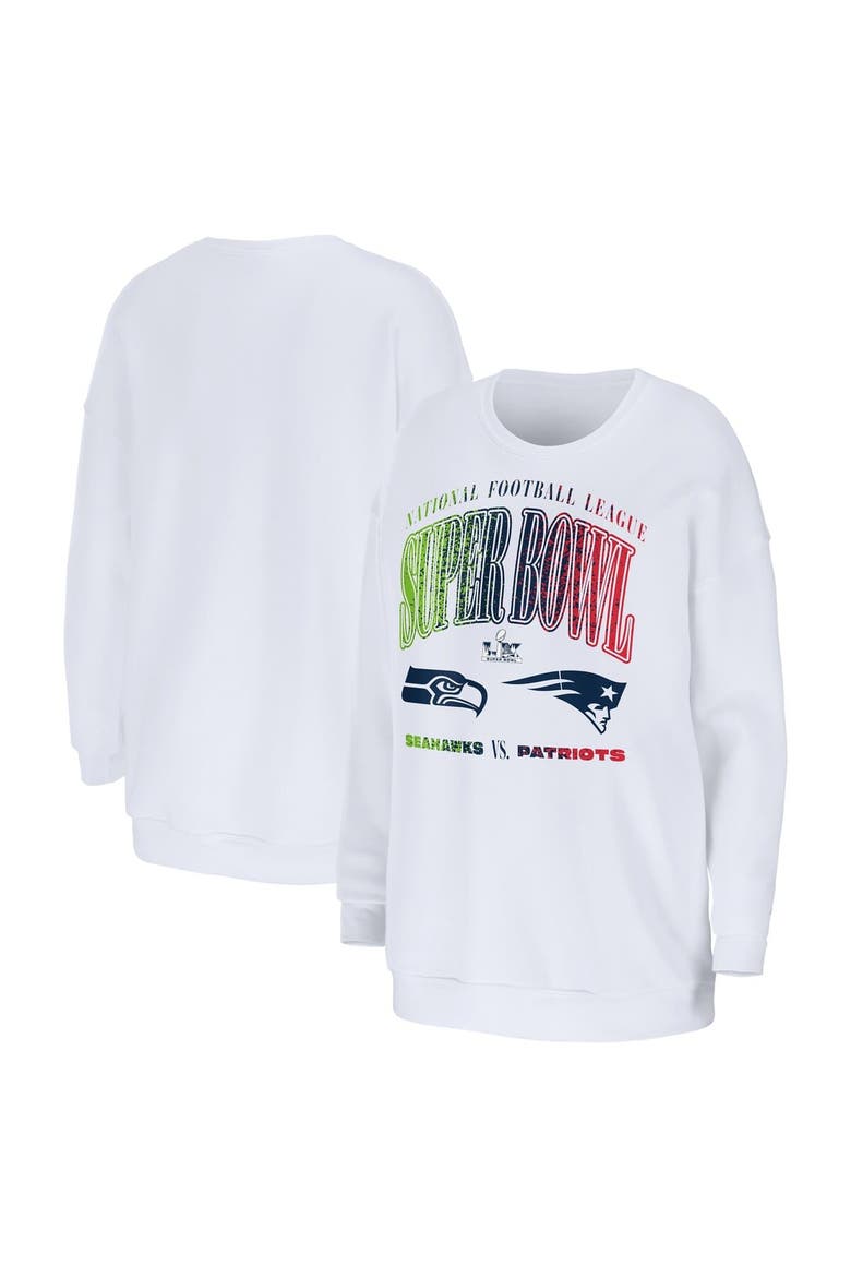Women's WEAR by Erin Andrews  White New England Patriots vs. Seattle Seahawks Super Bowl LX Matchup Sweatshirt, Main, color, White