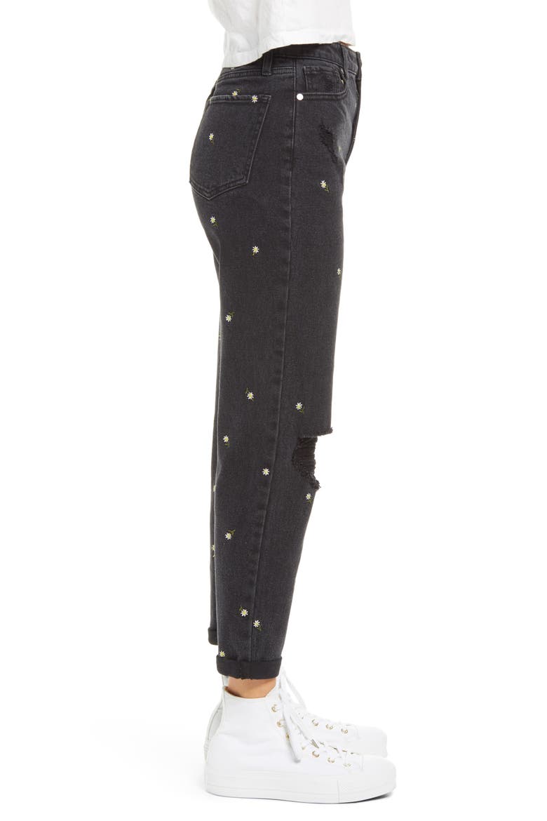 Daisy Embroidered Ripped High Waist Mom Jeans, Alternate, color, WASHED BLACK
