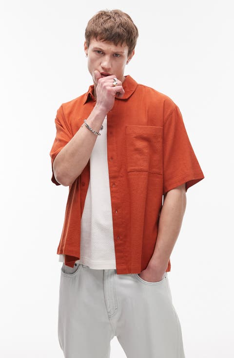 Boxy Textured Short Sleeve Cotton & Viscose Button-Up Shirt