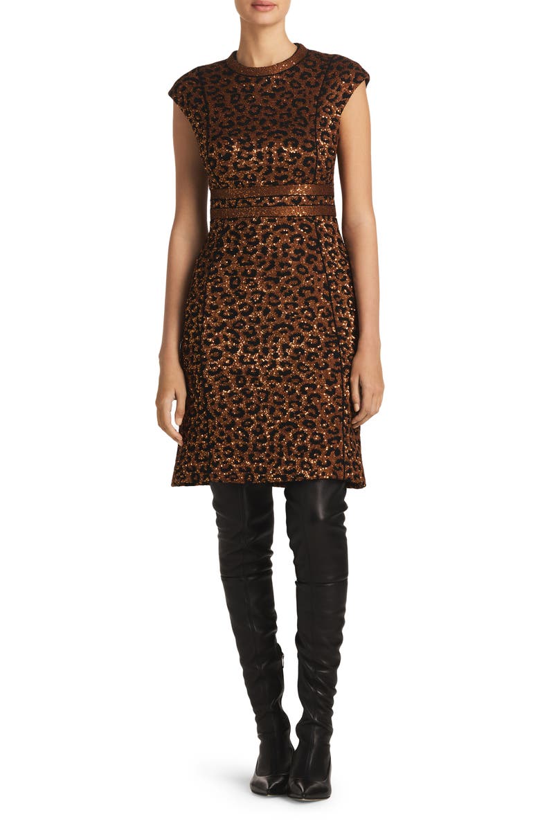 ST. JOHN Sequin Leopard Jacquard Cap Sleeve Dress, Main, color, Caramel/ Copper Multi