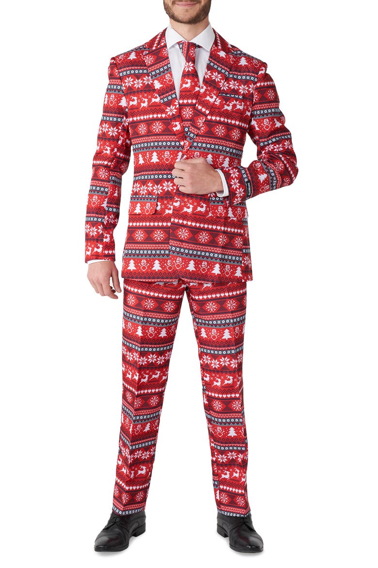 Nordic Pixel Trim Fit Suit & Tie, Main, color, RED