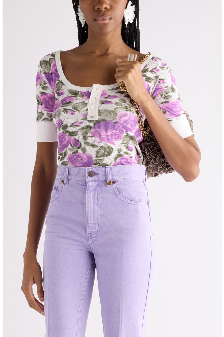 Rose Print Rib Jersey Henley, Main, color, WHITE - PURPLE