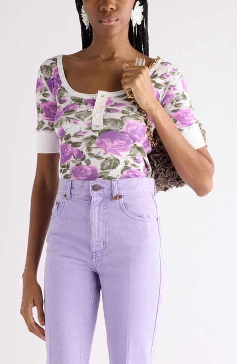 Rose Print Rib Jersey Henley