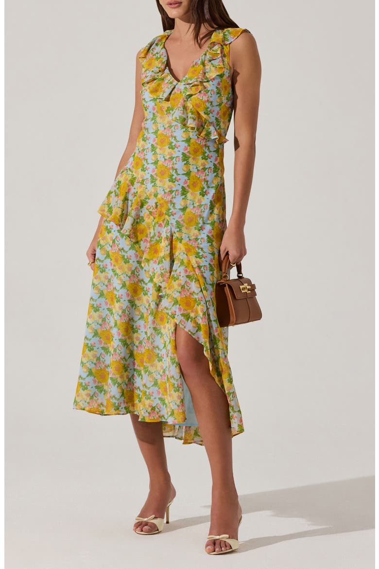 Ruffle Sleeveless High-Low Midi Dress, Main, color, BLUE MULTI FLORAL