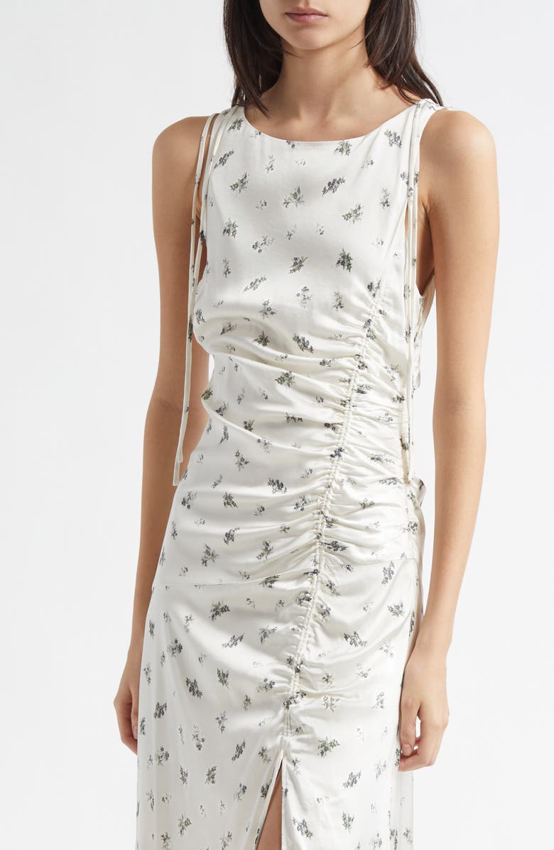 Ganni Printed Ruched Satin Maxi Dress, Alternate, color, Egret