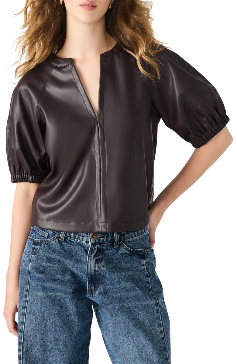 Steve Madden Roxanne Short Sleeve Faux Leather Top, Main, color, Fossil Brown
