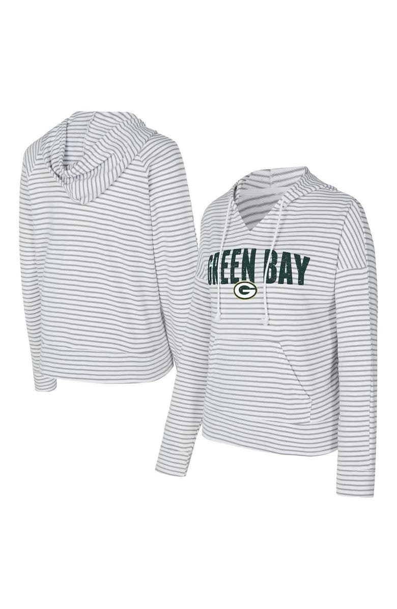 CONCEPTS SPORT Women's Concepts Sport White/Gray Green Bay Packers Liftoff Striped V-Neck Hoodie, Main, color, 