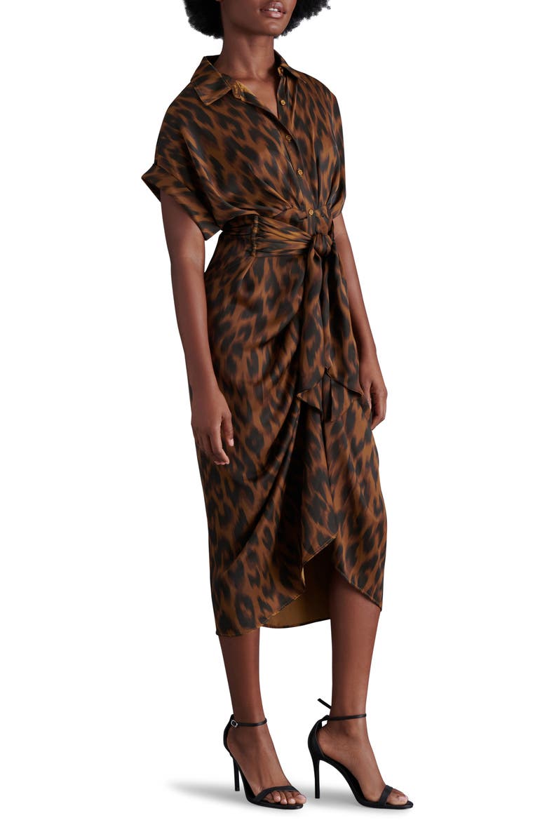 Steve Madden Tori Leopard Print Washed Satin Shirtdress, Alternate, color, Toffee