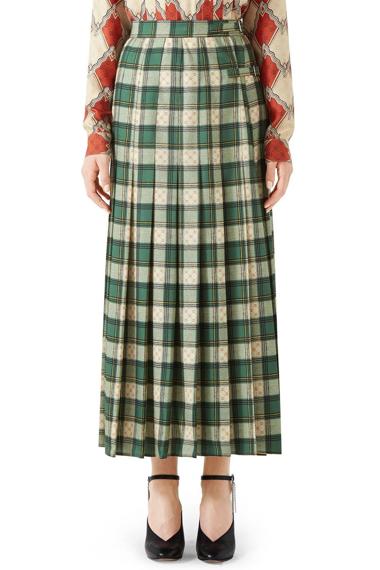Tartan Check Wool Twill Maxi Skirt, Main, color, GREEN/ ROSE BEIGE PRINT