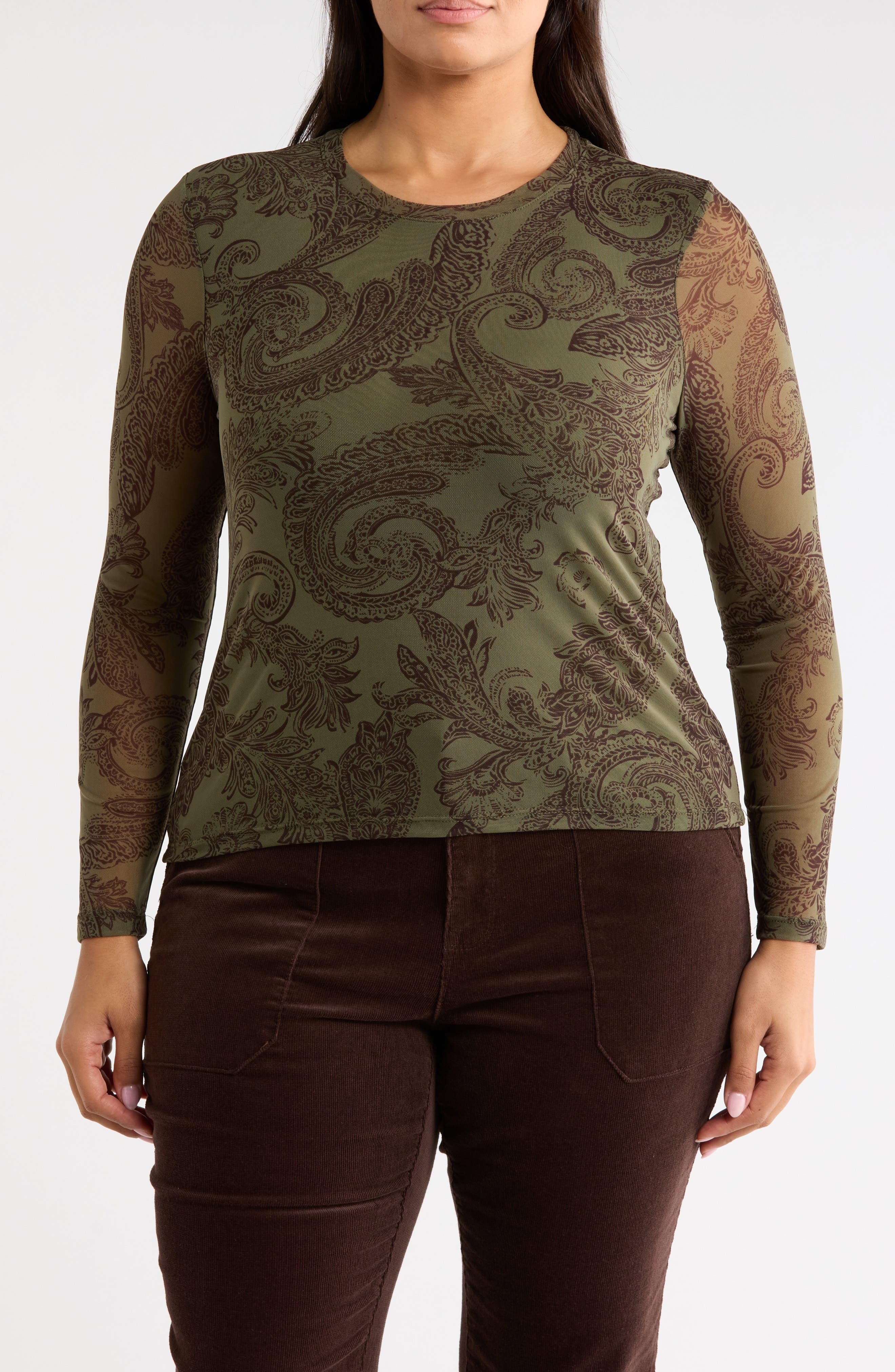 Sheer Mesh Long Sleeve Print Top