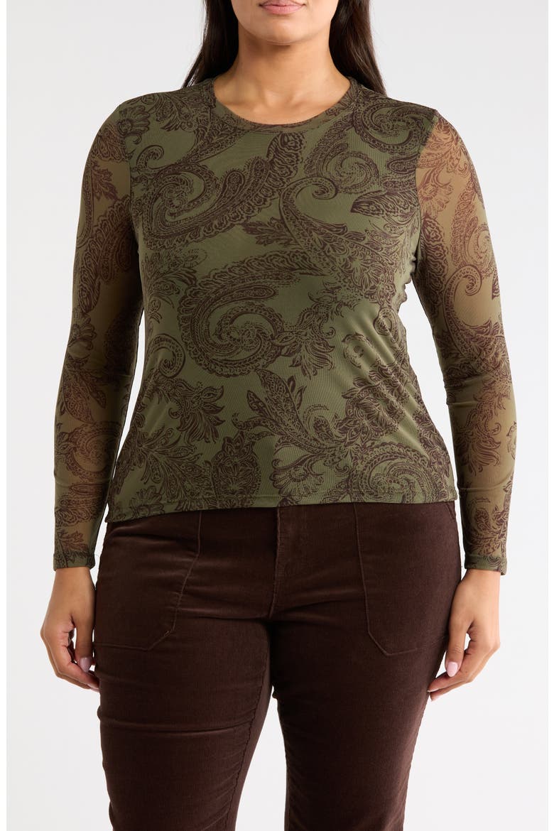 Sheer Mesh Long Sleeve Print Top, Main, color, FATIGUE GREEN