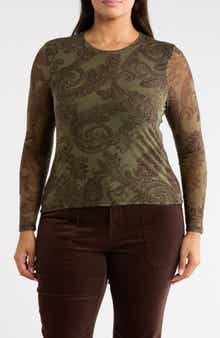 Sheer Mesh Long Sleeve Print Top