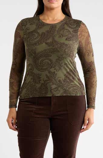 Sheer Mesh Long Sleeve Print Top