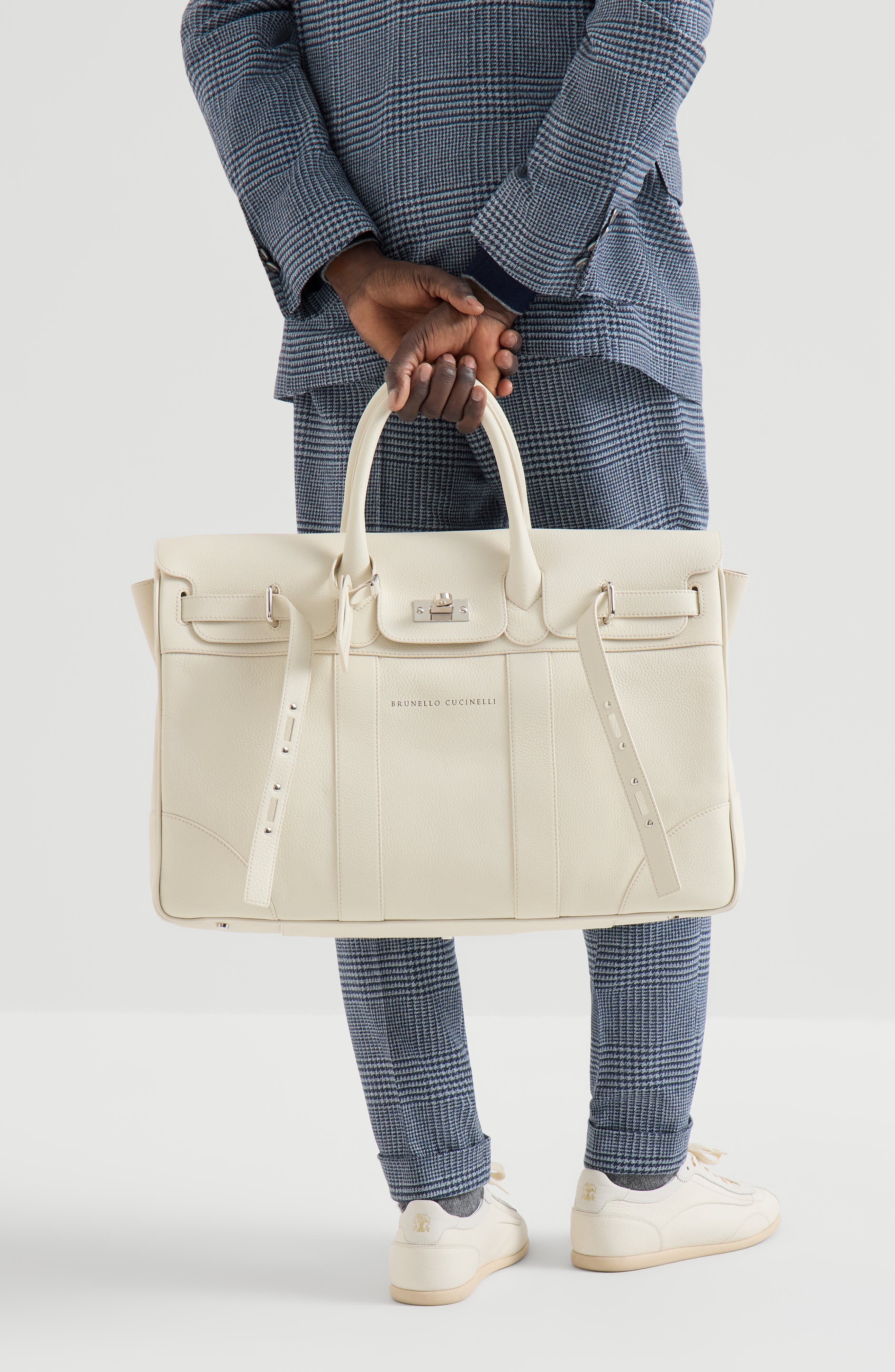 Brunello Cucinelli Grained calfskin country bag, Alternate, color, Ivory