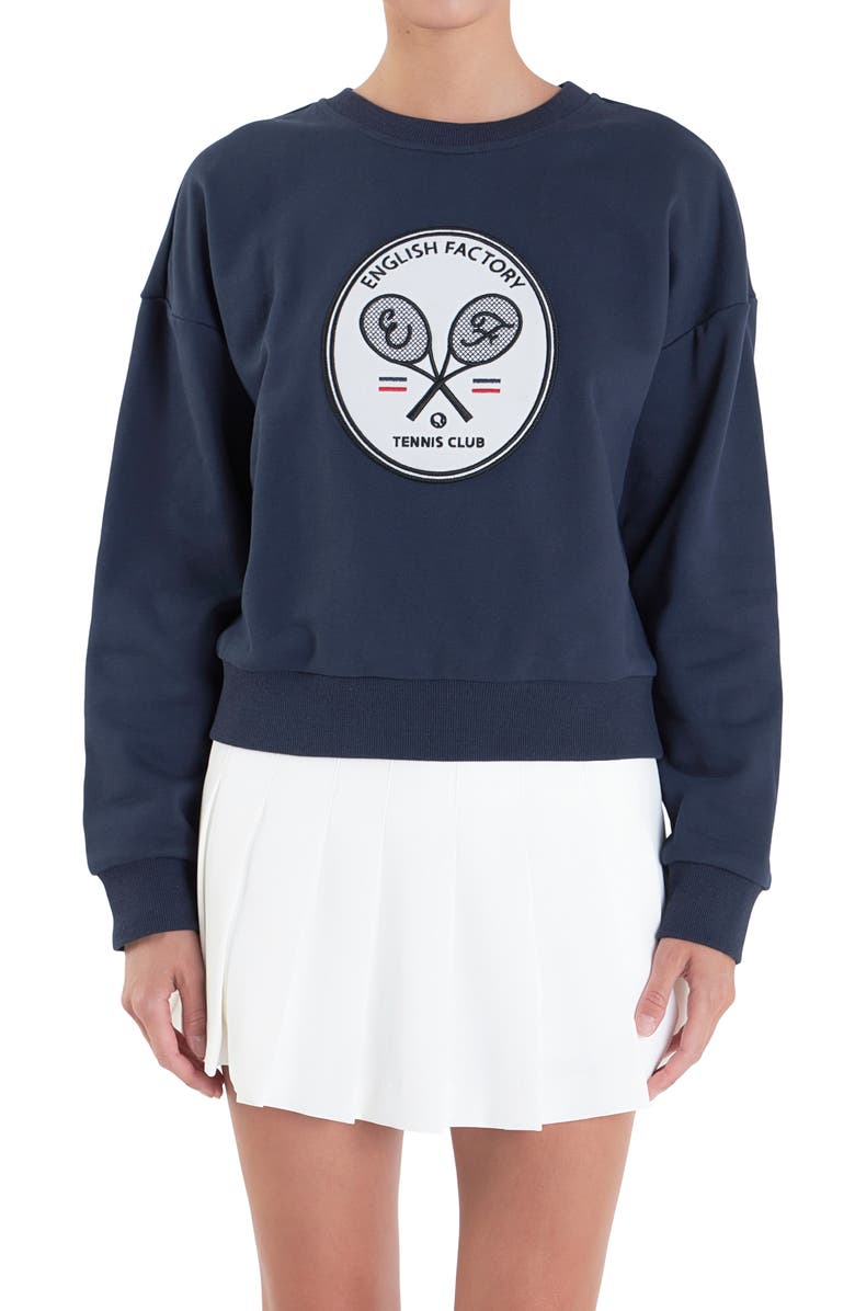 English Factory Sports Club Velvet Patch Sweatshirt, Alternate, color, Navy