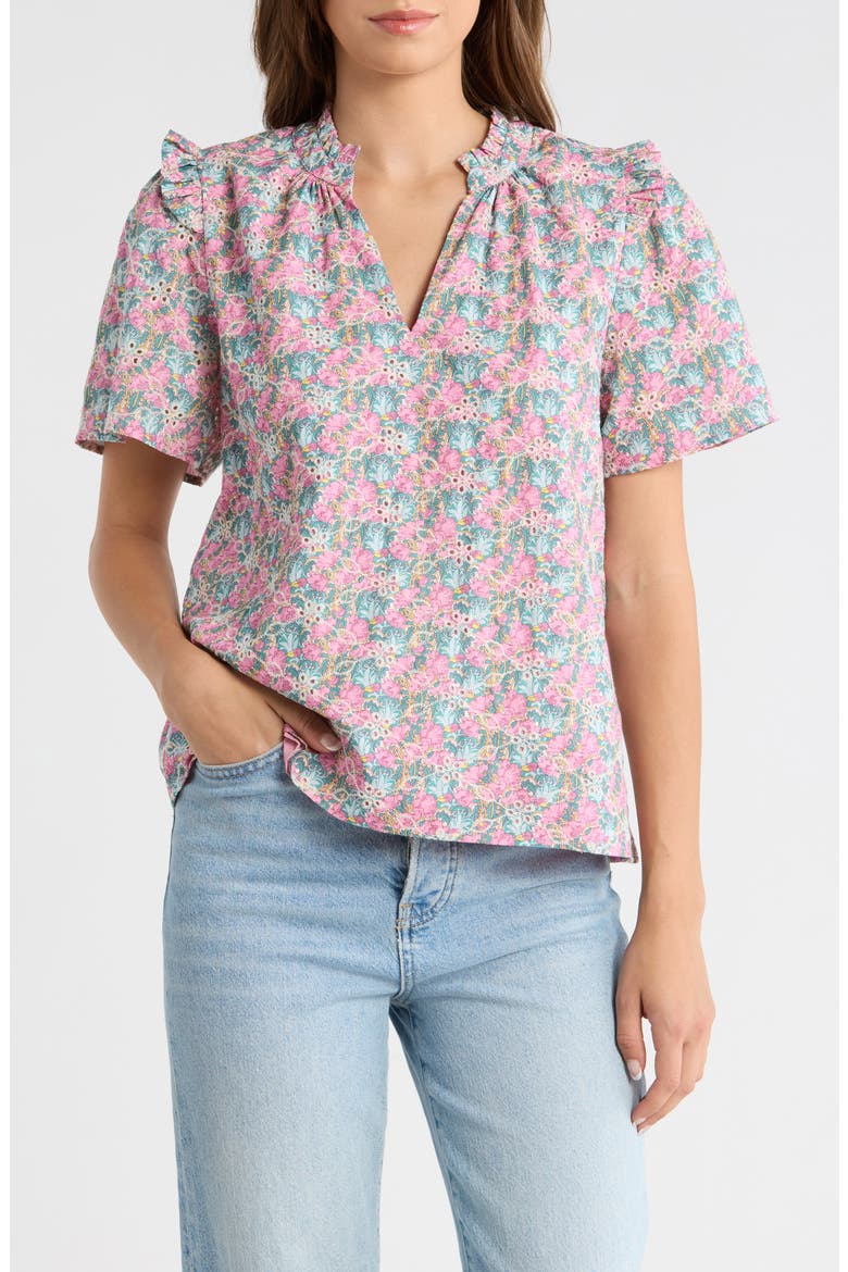 Gemalee Eyelet Mei Split Neck Top, Main, color, PINK-GREEN