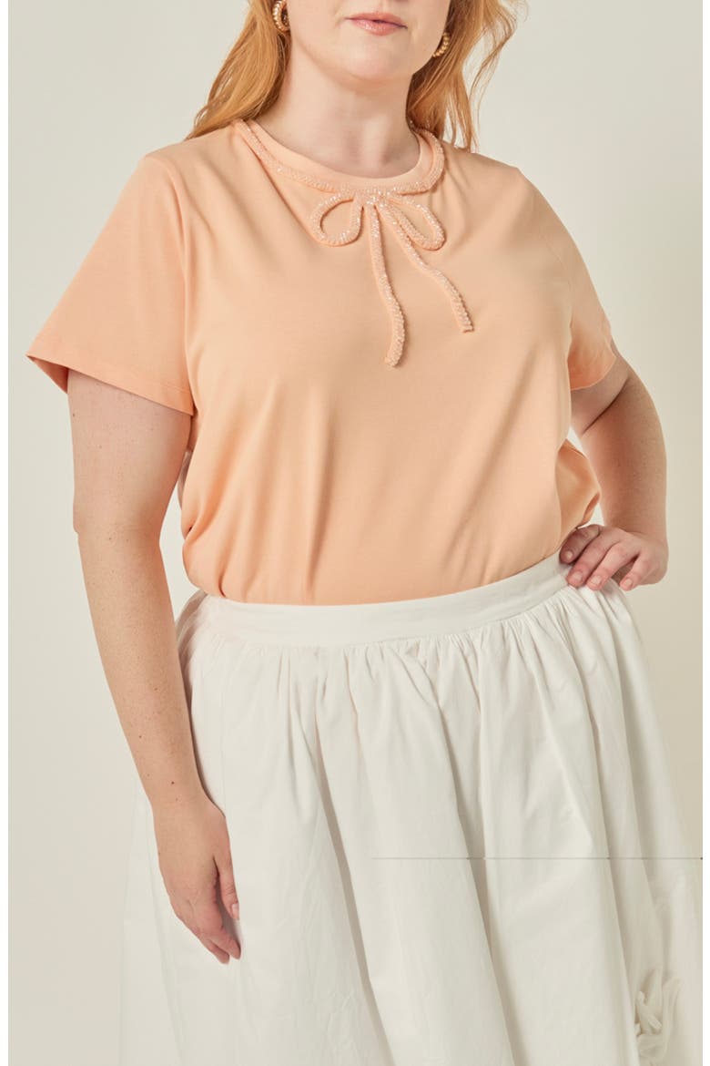 Beaded Bow Cotton T-Shirt, Main, color, PEACH