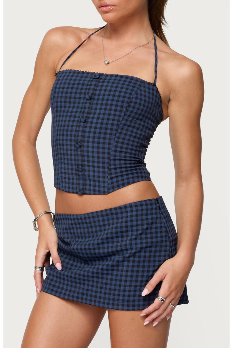 Winsley Gingham Halter Corset Top, Alternate, color, BLUE-AND-BLACK