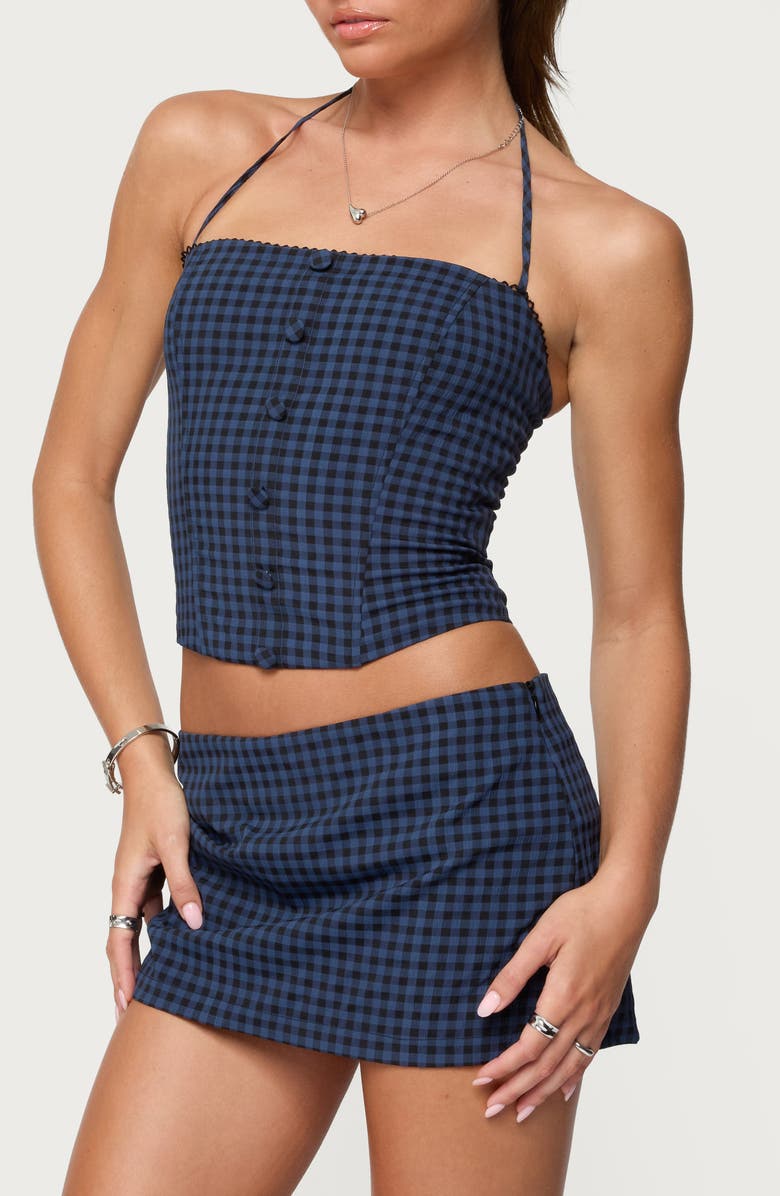 EDIKTED Winsley Gingham Halter Corset Top, Alternate, color, Blue-And-Black