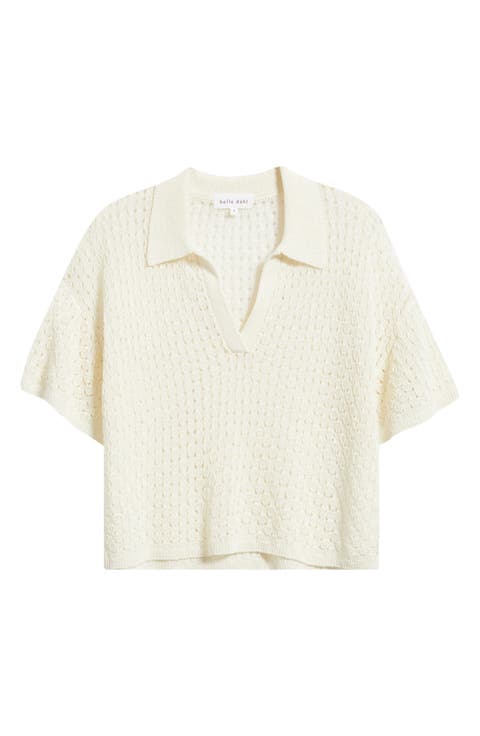 Openwork Johnny Collar Crop Knit Top