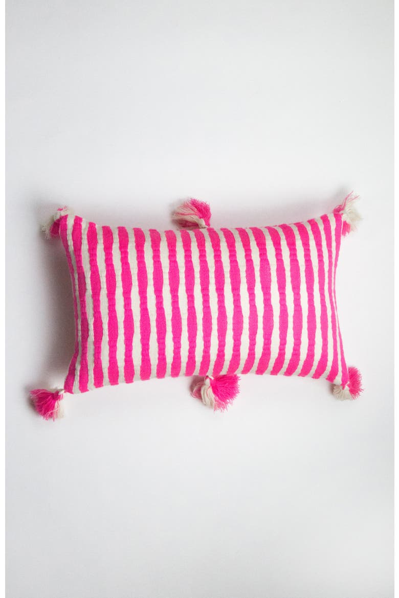 Antigua Neon Striped Handwoven Cotton Throw Pillow, Alternate, color, Neon Pink and Ivory
