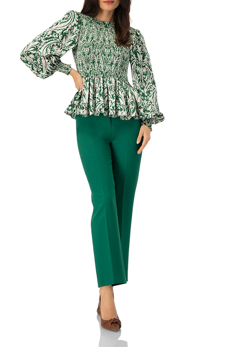 IVONNE Green Baroque Print Smocked Peplum Blouse, Alternate, color, Green