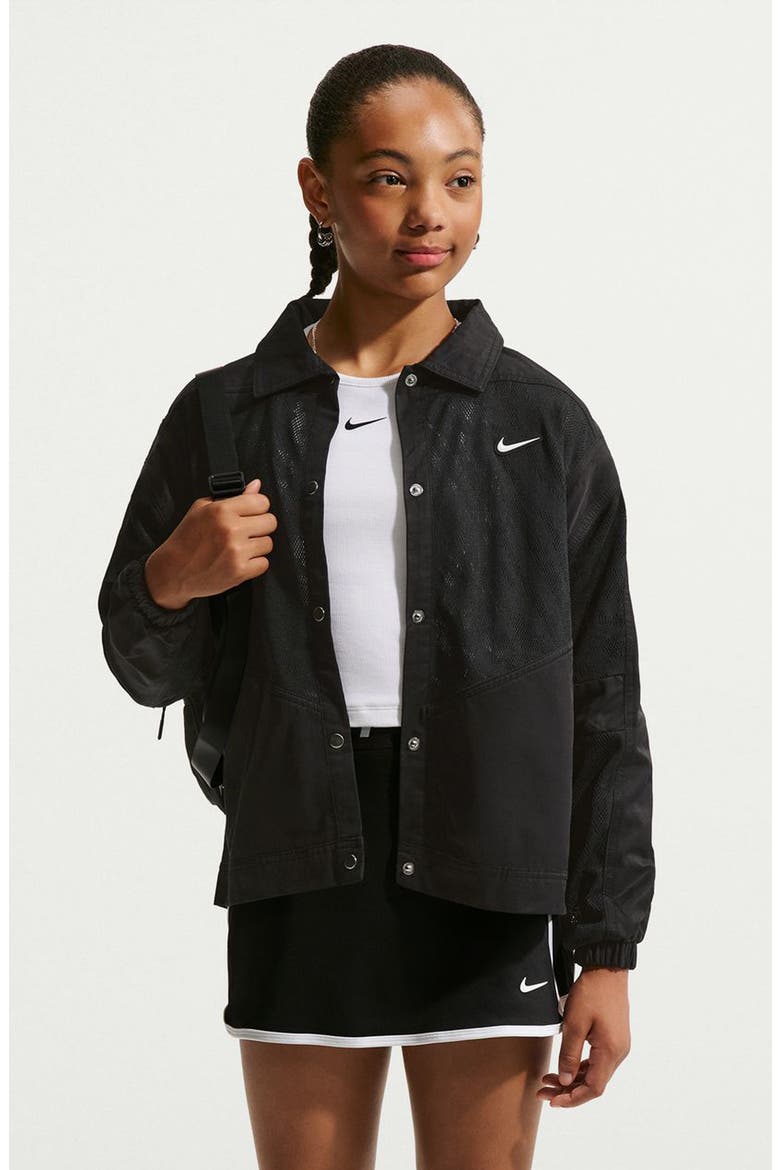 Kids' Sportswear Mesh Panel Snap Jacket, Main, color, 010 BLACK/WHITE