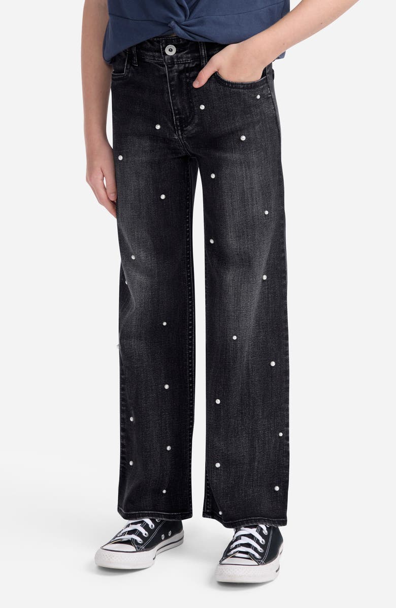 abercrombie kids Kids' Faux Pearl Embellished Wide Leg Jeans, Alternate, color, Stormy Night