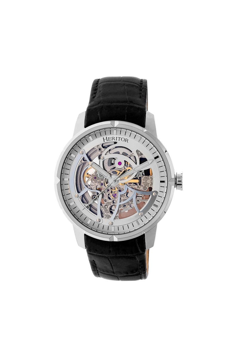 Heritor Automatic Ryder Skeleton Leather-Band Watch, Main, color, Silver