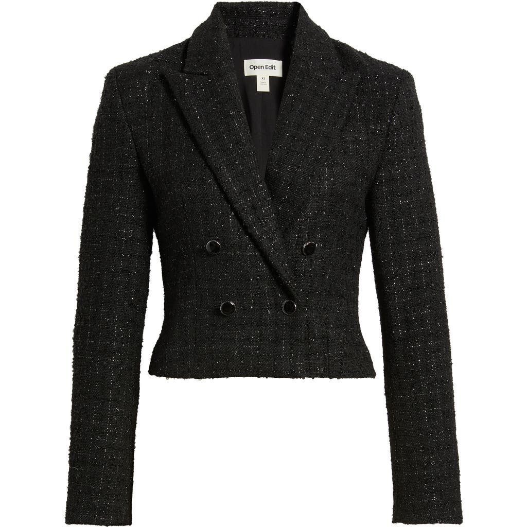 Open Edit Crop Double Breasted Tweed Blazer In Black