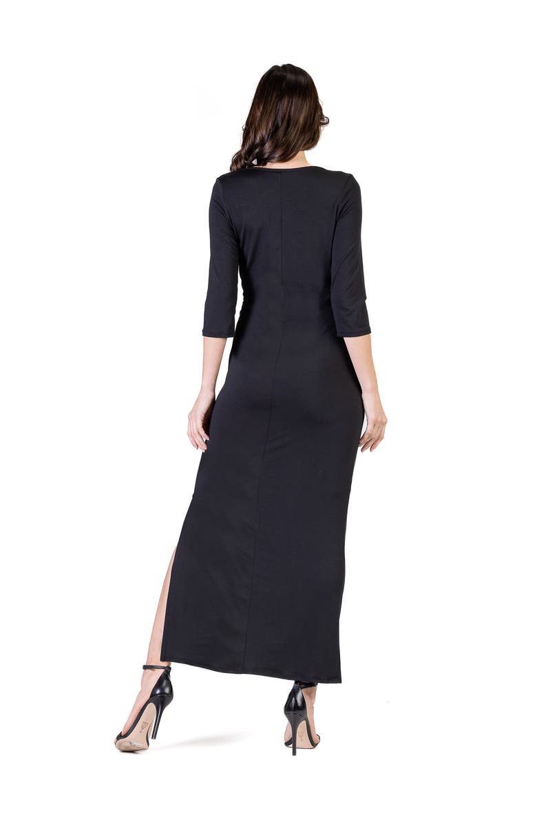 24seven Comfort Apparel Fitted V-Neck Side Slit Maxi Dress, Alternate, color, Black