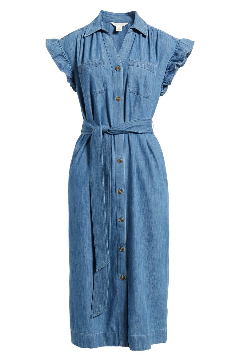 Tie Waist Denim Midi Dress, Alternate, color, MEDIUM WASH