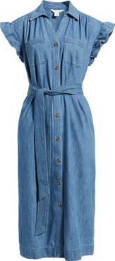 Caslon® Tie Waist Denim Midi Dress