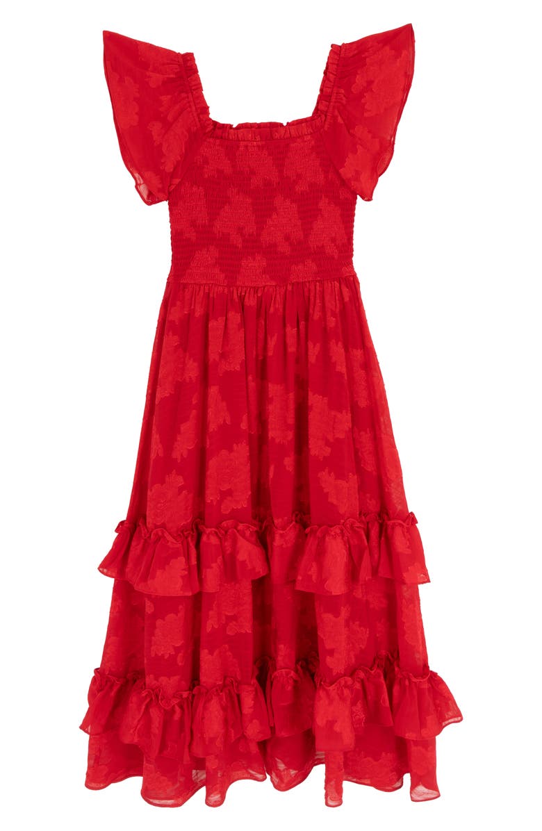Rare Editions Kids' Burnout Chiffon Smocked Dress & Necklace Set, Alternate, color, Red