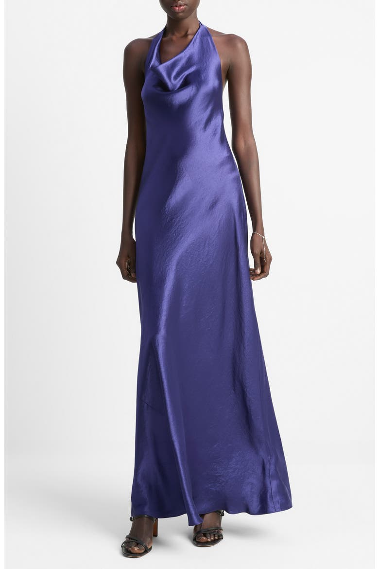 Cowl Neck Satin Halter Dress, Main, color, DEEP IRIS
