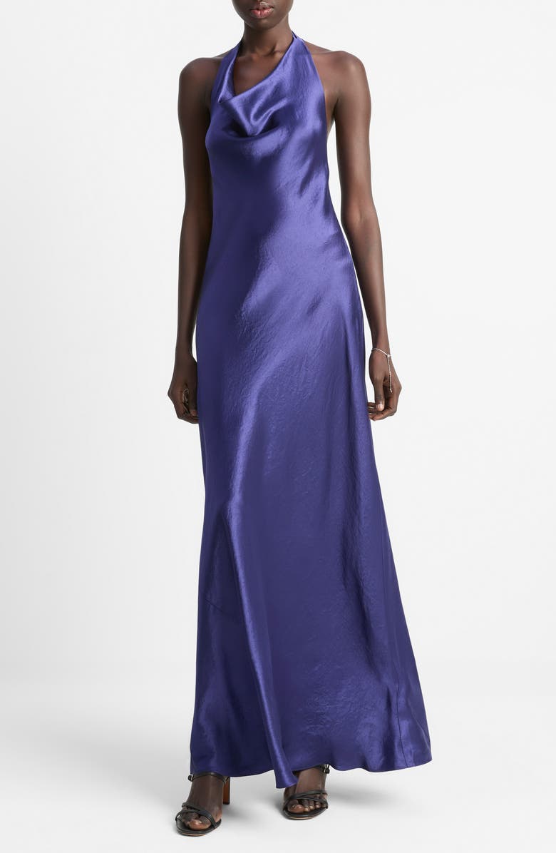 Vince Cowl Neck Satin Halter Dress, Main, color, Deep Iris