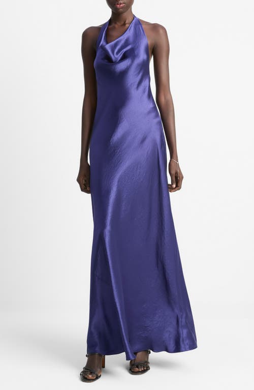 Vince Cowl Neck Satin Halter Dress In Purple