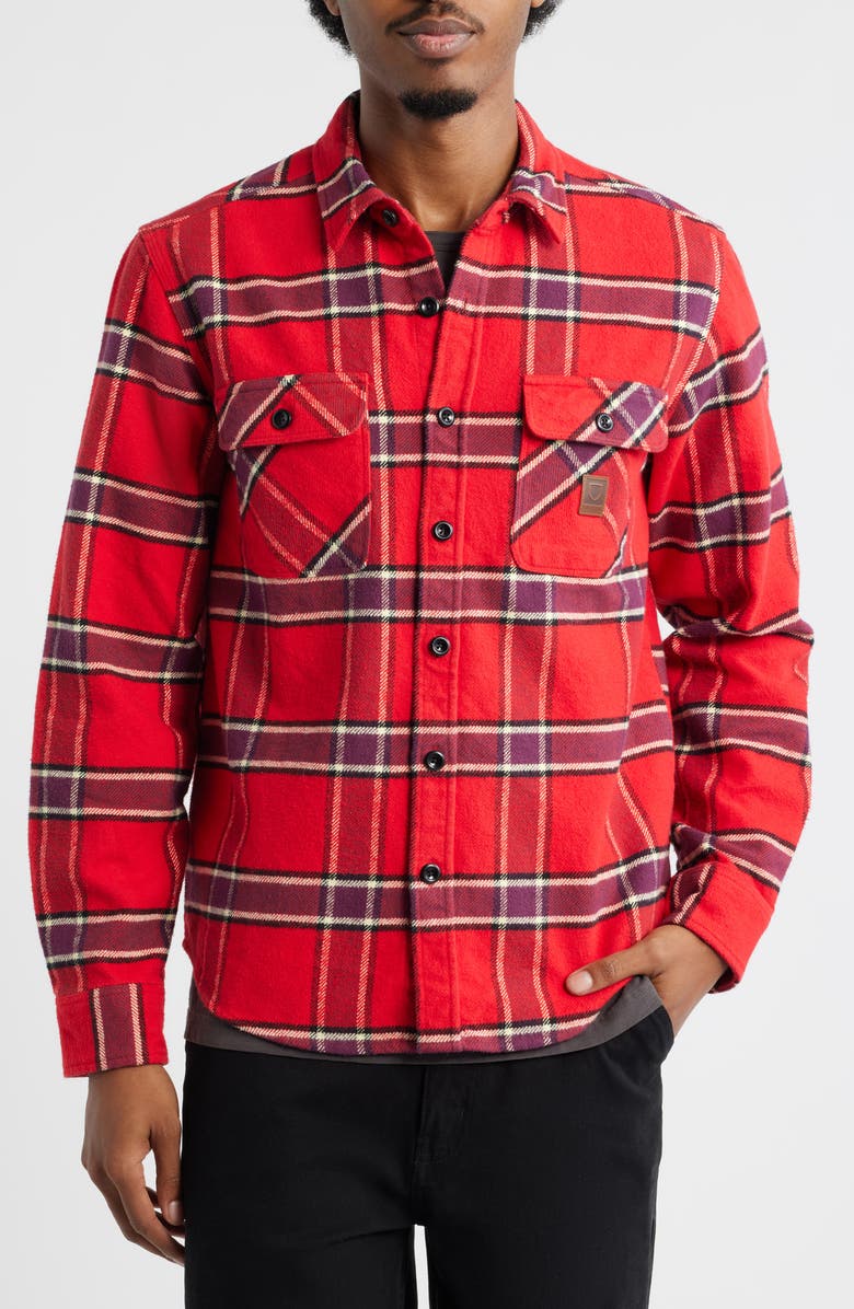 Brixton Bowery Standard Fit Plaid Heavyweight Cotton Flannel Button-Up Shirt, Alternate, color, Adrenaline Rush